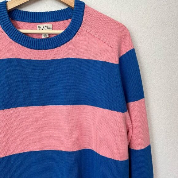 J. Crew Pink Blue Striped Heritage Cotton Crewneck Sweater Men's Size Large - Picture 3 of 6